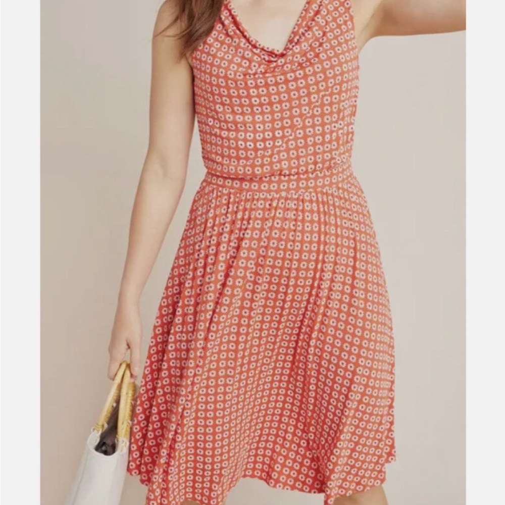 Anthropologie Maeve Brianna Cowl Neck A line Orange Floral Summer Dress